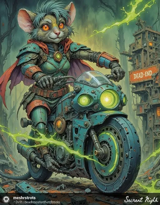 Prompt: Japanese superhero on futuristic motorcycle - she has green hair lit by inner woven LED lights, and a cybernetic arm.  Her bike glows green.  Behind her is a cybernetic store front, labeled "Dead End Delivery"