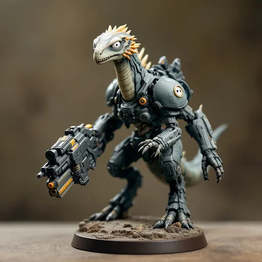 Prompt: Perched dynamically on a textured brown base, a formidable, multi color-hued dinosaur-like creature stands out, showcasing a blend of organic and mechanical elements. It features a slender neck topped with an expressive head, where wide, white eyes peer with an intriguing mix of intelligence and curiosity. Encasing its shoulders is a futuristic armor adorned with intricate designs, while it grips a bulky weapon that augments its fierce appearance. The contrasting colors of matte and glossy paint bring depth to the figure, capturing attention with its vibrant accents, like hints of orange and green on the weapon. This impressive miniature evokes a sense of action and storytelling, suggesting a narrative steeped in a sci-fi universe where technology meets primal instincts.
