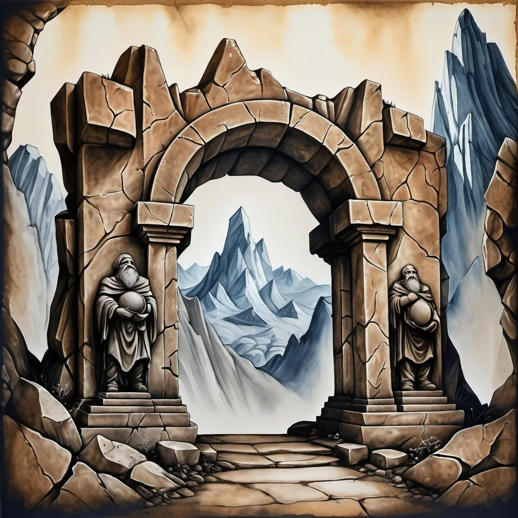 Prompt: aged and cracked canvas hand painted with wet ink dye to show a mountain side carved into a great entry arch in dwarven stone and statues standing at vigil to guard the ancient entryway