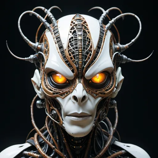 Prompt: A cybernetic glowing and wired facemask unlike any we have seen, colored in whites, blacks and rust in the design of an alien wide eyed insectoid like visage