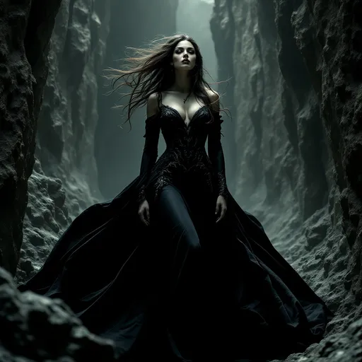 Prompt: Emerging from a cavernous landscape, a striking figure draped in a dark, flowing gown stands poised in the center, her presence commanding and ethereal. The figure features long, dramatically styled hair that seems to twist and swirl, suggesting a connection to the wind or a mystical force. Her attire, ornate and form-fitting, enhances her silhouette against the muted backdrop of jagged stone walls that frame the scene, creating a haunting atmosphere. The color palette is dominated by monochromatic tones, with soft highlights and shadows that give the image an almost dreamlike quality, evoking a sense of enchantment and intrigue. The overall mood suggests drama and anticipation, inviting viewers to ponder the story behind this enigmatic character in her otherworldly setting.