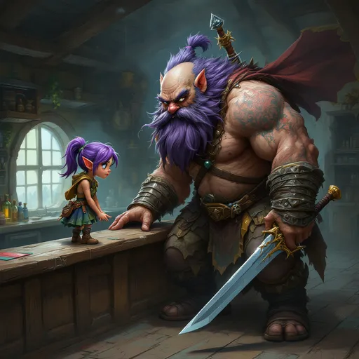 Prompt: a slight framed slip of a girl gnome with purple hair stands on the bar, and is still shorter than her travelling companion, the massive wide firbolg warrior who has to duck to prevent his sword handle on his back from hitting the ceiling 