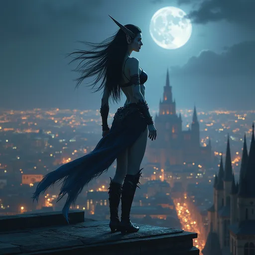 Prompt: A fierce elven woman warrior skin pale as moonlight, and hair black as night stands poised, on the roof tops overlooking the great fantasy city aglow with city lights. 