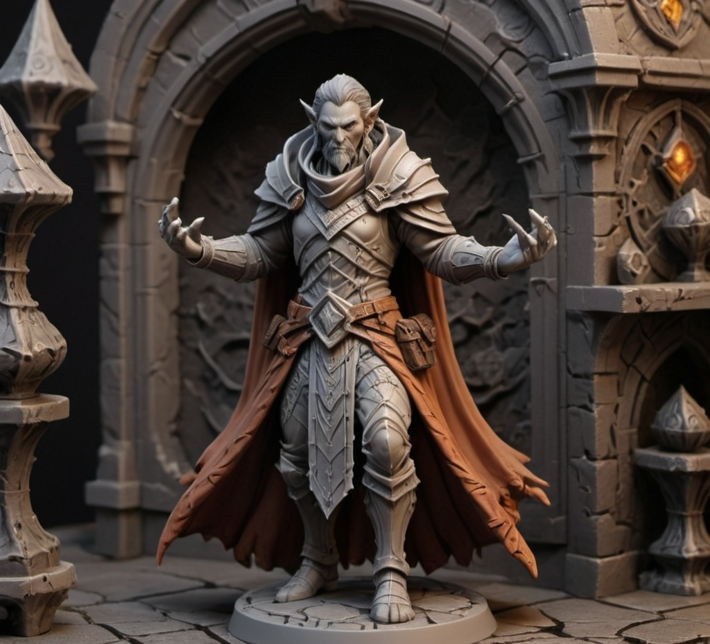 Prompt: 3D Printable Resin Miniature, detailed gaming character, dynamic pose, intricate features, solid gray resin, fantasy theme, ultra-detailed design, perfect for tabletop games, emphasizing textures and detailing, stylish contours, high-quality rendering, immersive atmosphere, captivating representation of gaming lore, suitable for advanced printing techniques.