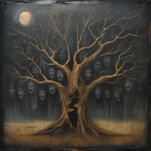 Prompt: hand painted thick oils on cracked old broken canvas, a tree... not any tree... but an old massive broken and bent tree... black against a smokey background... and from the depths of this tree are faces... a thousand faces... screaming to be let out... as this tree sits in the dark moonlit night. 