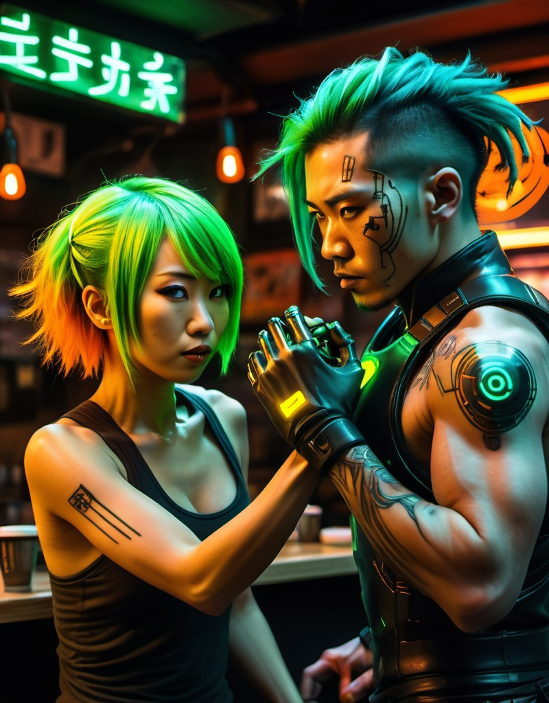 Prompt: Japanese woman with green hair lit by inner woven green led's fighting hand to hand with a cyberpunk biomimetic wired man in coffee shop, highly detailed, HD, dark background lit by neon argon and glowing orange lights