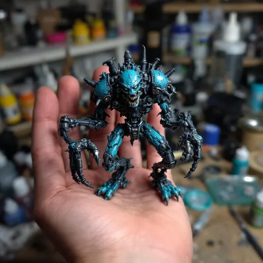 Prompt: A meticulously crafted miniature figure is grasped in an individual's hand, showcasing intricate detailing that defines its unique character. The figure appears to be a hybrid between a mechanical device and a creature, with several articulated limbs and an expressive, menacing face, highlighted by vivid hues of teal and dark metallic finishes. In the background, an array of paint bottles, tools, and other miniatures suggests an artist's workspace, filled with creativity and chaos. The lighting emphasizes the textures of the figure, enhancing the depth of its design, while the overall framing allows for a focused view on the figure's detailed structure and the craftsman's hand. The mood conveys an artistic dedication to model-making, blending elements of fantasy and steampunk aesthetics in a playful yet serious manner.