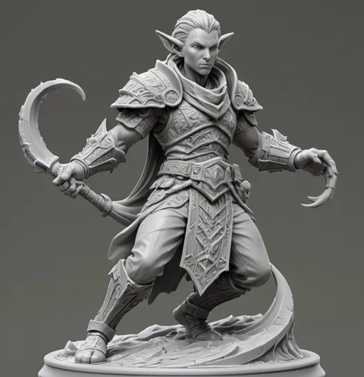 Prompt: 3D Printable Resin Miniature, detailed gaming piece, dynamic pose, intricate features, solid gray resin, fantasy theme, ultra-detailed design, perfect for tabletop games, emphasizing textures and detailing, stylish contours, high-quality rendering, immersive atmosphere, captivating representation of gaming lore, suitable for advanced printing techniques.