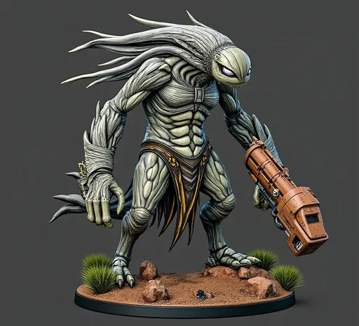 Prompt: Perched dynamically on a textured brown rocky base with tufts of painted grass, a formidable, multi color-hued fat squat GRAY-alien-like creature stands out, showcasing a blend of organic and mechanical elements. It features a slender neck topped with an expressive head, where wide, white eyes peer with an intriguing mix of intelligence and curiosity. Encasing its shoulders is a futuristic armor adorned with intricate designs, while it grips a bulky weapon that augments its fierce appearance. The contrasting colors of matte and glossy paint bring depth to the figure, capturing attention with its vibrant accents, like hints of orange and green on the weapon. This impressive miniature evokes a sense of action and storytelling, suggesting a narrative steeped in a sci-fi universe where technology meets primal instincts.