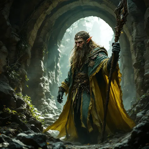 Prompt: Emerging from the shadows of an ancient, mystical arched ruin buried in dust and thorns, a striking figure of a younger wilder fae inspired bearded elf of near wild proportions and mythic wisdom - clutching a wizards spell book and staff looks about to make sure the perimeter is safe - he is a wizard of thorn and briar, a fey lost child touched by the insanity of the faeirie realm itself.  his robes are craft of green and yellowed leather, with copper circlet on his brow and over his ears painted a spiderweb white.  his staff is hand carved of elder wood, and shines with imbedded crystals up and down its shaft.  