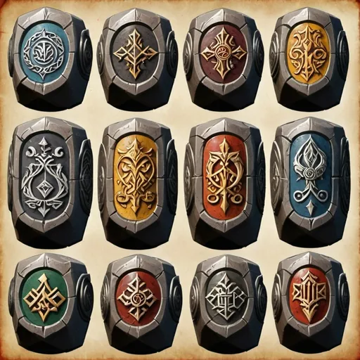 Prompt: Dwarven Stone Carved Heraldry for the differing Dwarven Noble Clans.  A ring of Stone Pillars, seven in all, each with a different stone carved sigil of heraldry.