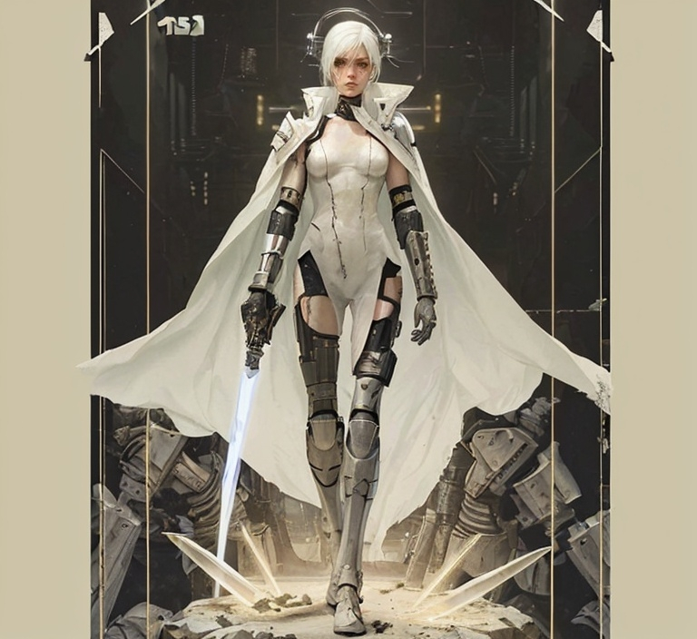 Prompt: post apocalyptic cyberpunk female cyborg soldier in pristine white body armor and carrying laser edged blades for weapons.