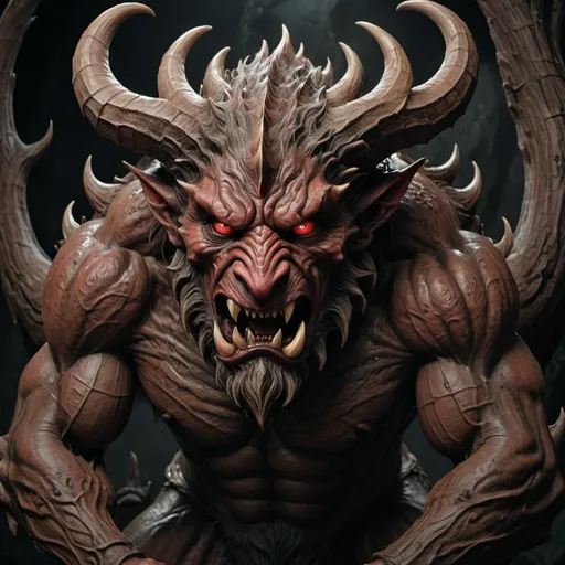 Prompt: Emerging from the darkness, a strikingly detailed figure embodies a mythical demon, characterized by its imposing horns that curve sharply upwards, surrounded by textured, rugged skin reminiscent of tree bark. The fierce countenance, with deep-set eyes and a furrowed brow, expresses an intense, almost primal energy, accented by the vivid red tones that contrast sharply against the dark background. This creature's chest is intricately designed with layers of hardened, steel-like material, adding to its menacing presence. The lighting emphasizes the rough textures and contours of its face and body, creating a dramatic interplay of shadow and light that enhances its terrifying yet fascinating nature. The overall composition evokes a sense of awe and unease, inviting viewers to ponder the stories and myths surrounding such a formidable being.  Overall what stands out the most is the glow of its yellow poison eyes... and how they glare at the viewer.  