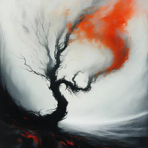 Prompt: Dark, gnarled branches stretch across a stark, predominantly white background, their silhouette set ablaze in vibrant red. The twists and turns of the trees create a sense of movement, as if they are swaying in a strong wind. The contrast between the fiery red hues and the muted white space above evokes an unsettling yet captivating atmosphere. This striking visual composition suggests a narrative of struggle or transformation, with the trees almost reaching out from the dark foreground into the bright expanse above, embodying both chaos and beauty in their entangled forms.