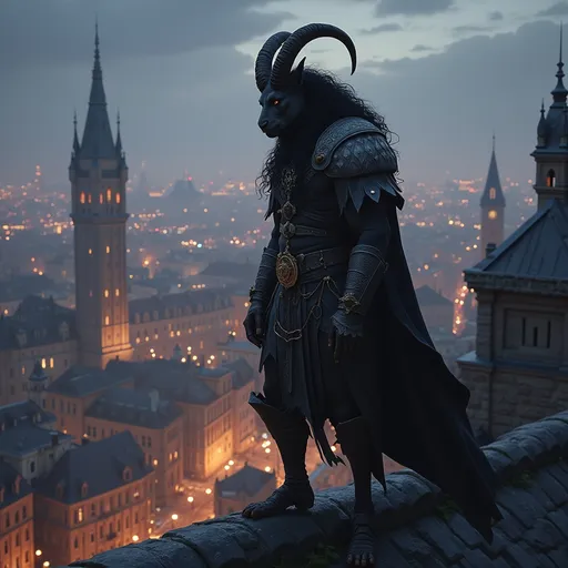 Prompt: A dexterous dungeons and dragons hero half goat half man Satyr/fawn ranger with stark rounded goats horns, and curly hair black as night stands poised, on the roof tops overlooking the great fantasy city aglow with city lights. His hooves clicking on the roof top's tiles. 