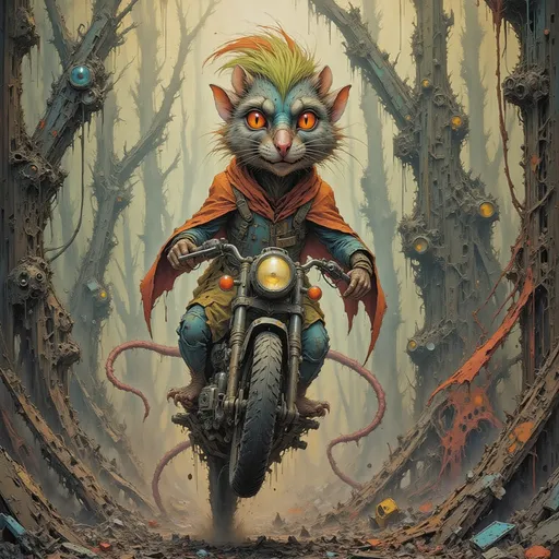 Prompt: Futuristic Motorcycle ridden by an anthropomorphic cat hero with wild green hair and yellow stripes - riding through the brambledread ruin