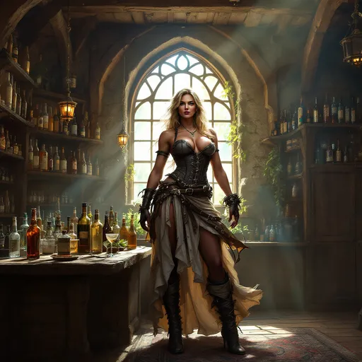 Prompt: In a rustic tavern filled with an array of colorful bottles lining the wooden shelves, a striking giant of woman muscled and towering over her patrons she stands confidently, exuding strength and charisma. Her detailed outfit—highlighted by a corset-like bodice and flowing skirt—compliments her muscular build, adorned with leather accents and accessories that suggest a spirited persona. Sunlight streams through a large, arched window behind her, casting a warm glow on the scene, which hints at a lively, bustling atmosphere. The intricate craftsmanship of the tavern's wooden beams and stone walls provides a cozy, inviting backdrop, enhancing the feeling of a spirited gathering place. The scene encapsulates a sense of narrative and adventure, inviting onlookers to imagine the tales of camaraderie and exploits that unfold within these walls.