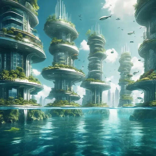 Prompt: futuristic underwater city with floating skyscrapers rising above the water surface, completely self sustaining with 0 environmental impact producing its own food, air, clean water etc.  