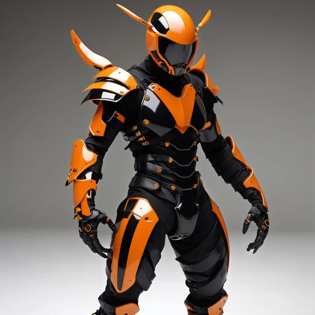 Prompt: lithe cybernetic full ninja armor in sleek blacks and oranges, design themed on a japanese wasp - stinger blade arm daggers below the wrists can shoot out at need.