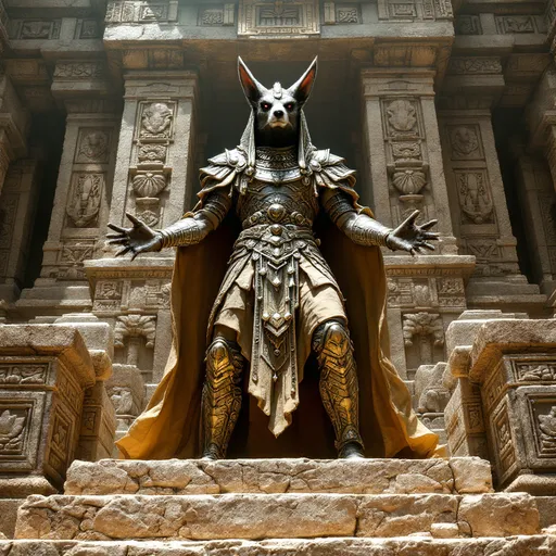 Prompt: in the style of a stone armored Aztec priest an anthropomorphic jackal in ceremonial robes high upon the temple steps