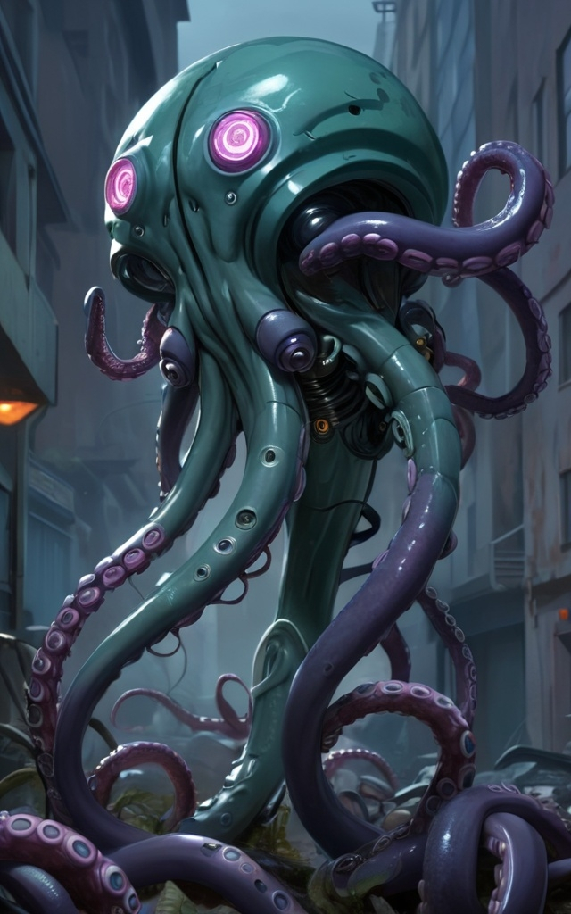 Prompt: tentacle cyborg invades earth