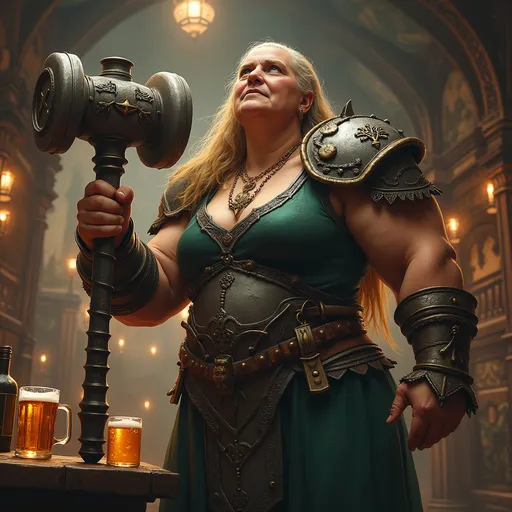 Prompt: a towering great giant of a woman, easily eight feet tall and muscled bulks of flesh beneath her armored dress hefts a fantasy hammer as her weapon and offers to arm wrestle the barkeep for a flagon of ale.