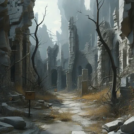 Prompt: Amidst a shadowy, rocky terrain, a haunting landscape of ruins emerges, dominated by crumbling towers of grey stone, their surfaces etched with the wear of time. Twisted branches reach out from the jagged rocks, enhancing the eerie atmosphere, while patches of dark, textured earth blend seamlessly with skeletal remains of ancient structures. A small sign marked "TRAP" adds an unsettling hint of danger, drawing the eye deeper into this forsaken scene where light is scarce and shadows reign. The overall composition captures a sense of decay and foreboding, evoking an air of mystery that invites curiosity about the stories hidden within the ruins. The subdued color palette, primarily in shades of grey and brown, coupled with the intricate details of the terrain, creates an immersive tableau that speaks of forgotten histories and lurking threats.