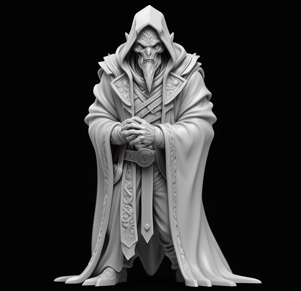 Prompt: 3D Printable Resin Miniature, detailed gaming character, dynamic pose, intricate features, solid gray resin, fantasy theme, ultra-detailed design, perfect for tabletop games, emphasizing textures and detailing, stylish contours, high-quality rendering, immersive atmosphere, captivating representation of gaming lore, suitable for advanced printing techniques.