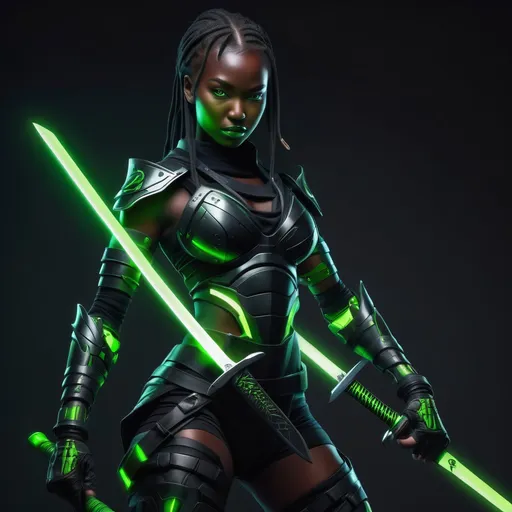 Prompt: cybernetic biomimetic female ninja warrior with sleek organic black skin armor and a glowing green nagamaki sword