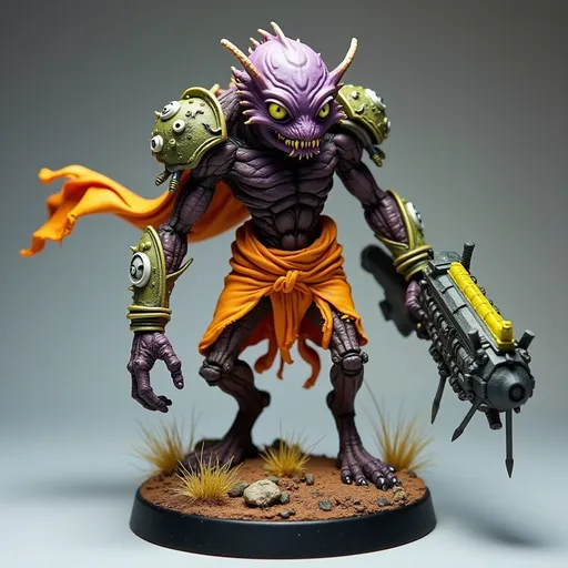 Prompt: Standing high and dynamically on a textured brown rocky base with tufts of painted grass, a formidable, purple yellow and slime-hued twist of mutated lab specimen-like creature in torn lab subject specimen clothing stands out, orange fabric torn and blowing in the wind - the mutated creatures flesh showcasing a blend of organic and mechanical elements. It features a slender neck topped with an expressive head, where wide, white eyes peer with an intriguing mix of intelligence and curiosity. Encasing its shoulders is a futuristic armor adorned with intricate designs, while it grips a bulky weapon that augments its fierce appearance. The contrasting colors of matte and glossy paint bring depth to the figure, capturing attention with its vibrant accents, like hints of orange and green on the weapon. This impressive miniature evokes a sense of action and storytelling, suggesting a narrative steeped in a sci-fi universe where technology meets primal instincts.
