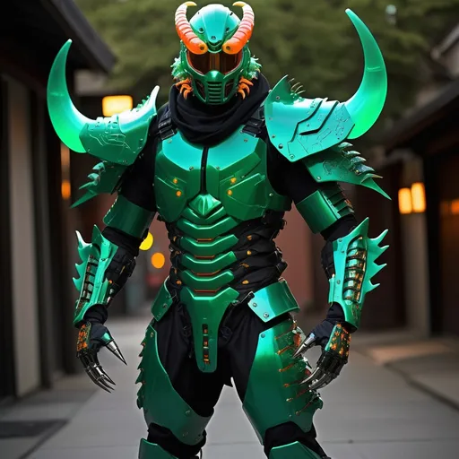 Prompt: lithe cybernetic full slim body power armor suit and mask in the style of a japanese samurai scorpion hero.  colored in jade green, crystal green, blacks and glowing oranges, with stinger blade arms and glowing cybernetic scorpion stinger on the back.