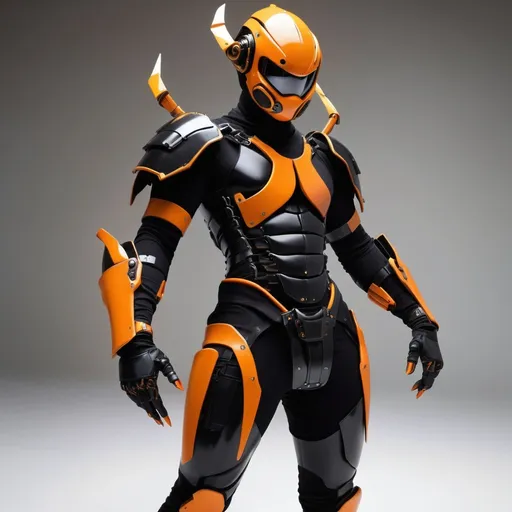 Prompt: lithe cybernetic full ninja armor in sleek blacks and oranges, design themed on a japanese wasp - stinger blade arm daggers below the wrists can shoot out at need.