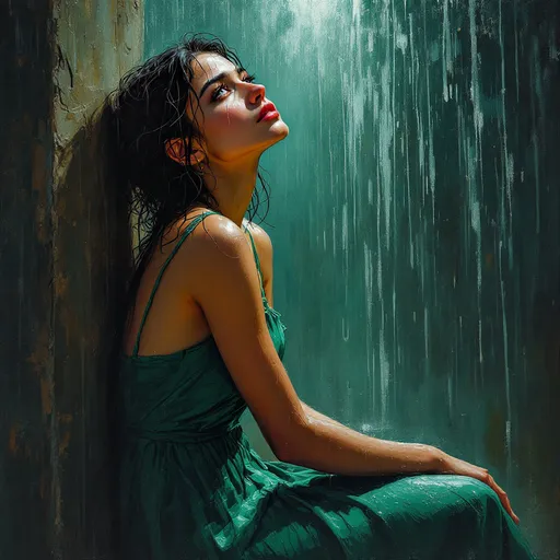 Prompt: hand painted thick oils on broken old cracked canvas - a study of light and shadow on the colors of ink - an Armenian teen girl, sitting in a green sundress in the rain - blacks and blues, and deep greens to contrast with her almond skin and dark brown wet to almost black looking up  at the light