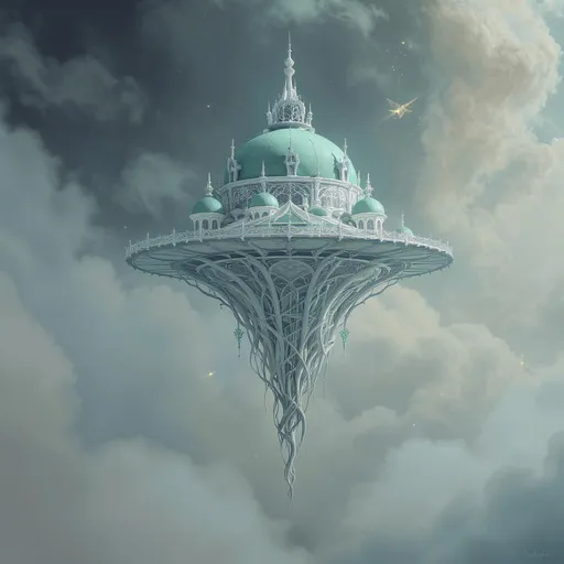 Prompt: Emerging from an ethereal backdrop, an intricate structure floats gracefully, featuring a smooth, green domed roof adorned with elegant spires and delicate filigree. Below, the base tapers into a series of swirling, elongated pillars, resembling delicate tree trunks, that extend downward in a fantastical display of architecture that blends organic and mystical elements. The color palette remains predominantly cool with shades of silver and green, lending an otherworldly glow to the piece, while the fine details invite closer inspection. This visionary design conveys a sense of levitation and wonder, suggesting a realm of fantasy where nature and architecture harmoniously coexist. The overall mood is both serene and awe-inspiring, evoking curiosity about the world it inhabits.