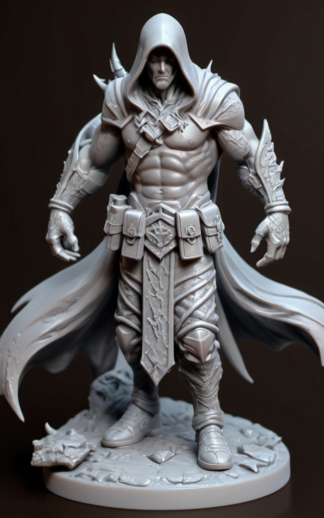 Prompt: (3D Printable Resin Miniature), detailed gaming character, dynamic pose, intricate features, gray resin, fantasy theme, ultra-detailed design, perfect for tabletop games, emphasizing textures and detailing, stylish contours, high-quality rendering, immersive atmosphere, captivating representation of gaming lore, suitable for advanced printing techniques.