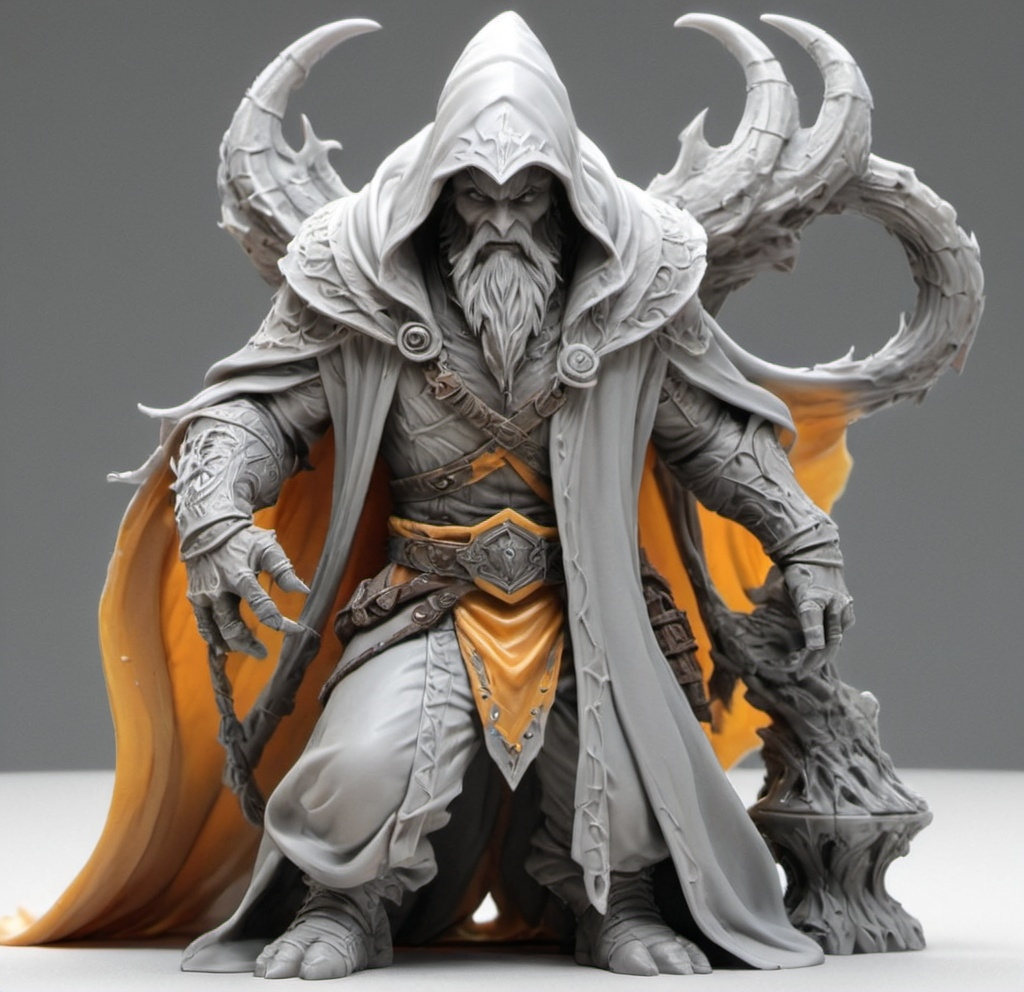 Prompt: 3D Printable Resin Miniature, detailed gaming character, dynamic pose, intricate features, solid gray resin, fantasy theme, ultra-detailed design, perfect for tabletop games, emphasizing textures and detailing, stylish contours, high-quality rendering, immersive atmosphere, captivating representation of gaming lore, suitable for advanced printing techniques.