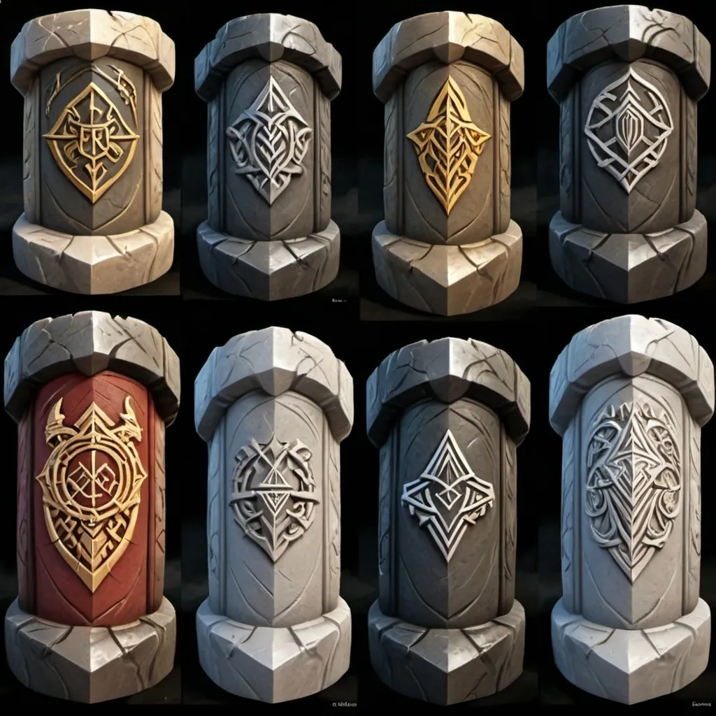 Prompt: Dwarven Stone Carved Heraldry for the differing Dwarven Noble Clans.  A ring of Stone Pillars, seven in all, each with a different stone carved sigil of heraldry.