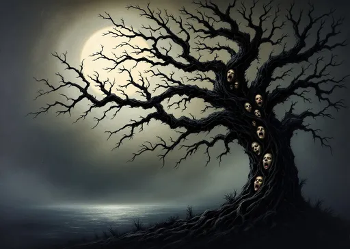 Prompt: hand painted thick oils on cracked old broken canvas, a tree... not any tree... but an old massive broken and bent tree... black against a smokey background... and from the depths of this tree are faces... a thousand faces... screaming to be let out... as this tree sits in the dark moonlit night. 