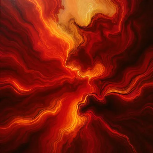 Prompt: Rich, swirling hues of red and gold cascade across the canvas, creating an abstract representation that feels both dynamic and immersive. Light emanates from luminous, curved lines that weave through deep, textured layers, giving the impression of movement and depth. The warm tones blend softly into darker, shadowy areas, evoking a sense of warmth and intrigue. This composition, reminiscent of a sunset or fiery embers, conveys an emotional intensity that invites contemplation and exploration. The overall aesthetic, marked by dazzling contrasts and fluid textures, transforms the image into a vivid visual symphony.