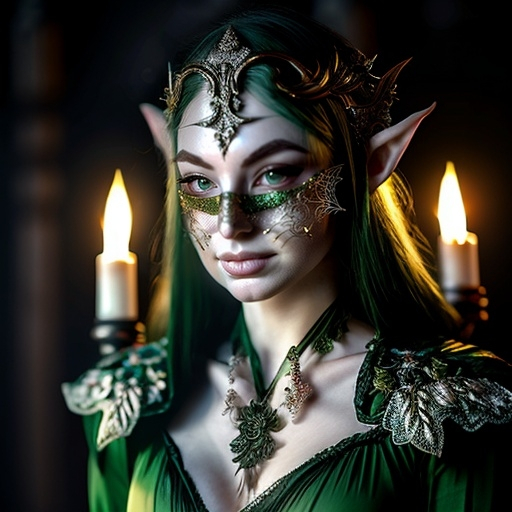 Prompt: elven courtesan with porcelain elegant nobles princess facemaskk, adorned in the clothes of the night court, jeweled in greens and elegant see through silks, her skin and mask lit only by moonlight and flame torches in the palace gardens.  