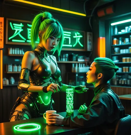 Prompt: Sci-fi Heroine, Japanese woman with green hair lit by inner woven green led's sparring cyberpunk style, with a biomimetic wired man in japanese coffee shop, highly detailed, HD, dark background lit by neon argon and glowing orange lights