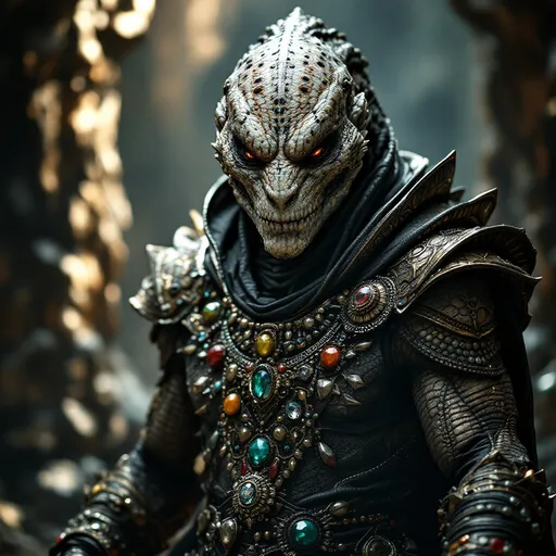 Prompt: A fierce and commanding figure dominates the scene, characterized by a starkly textured, reptilian appearance, complete with a distinctive spotted head and intricate facial features that evoke a sense of intimidation. Clad in an ornate and embellished costume, featuring metallic tones and colorful detailing, the individual conveys a regal yet menacing presence, possibly within a cosmic or alien-themed environment. The shadows and highlights of the lighting emphasize the unique textures of the attire, driving the eye towards the elaborate elements like the jeweled sash across the chest. The overall composition suggests a narrative rich in conflict and power dynamics, echoing themes commonly found in science fiction or fantastical storytelling.