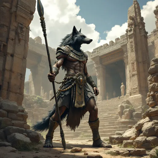 Prompt: in the style of a stone armored Aztec warrior an anthropomorphic hyena tribal warrior with a great full length spear ready to be thrown stands among the ruins of the great temple to the canine god of meat and harvest