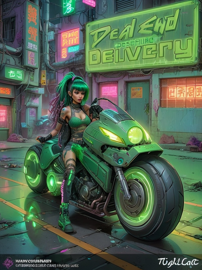 Prompt: Columbian Latina beauty with cyberpunk pink in her hair lit by woven in LED lights, sits mounted on her cyberpunk motorcycle in a cyberpunk alleyway.  She has one cyborg arm and wears a green lace see through top and torn jeans.  The sign on the shop behind her reads "Dead End Delivery"