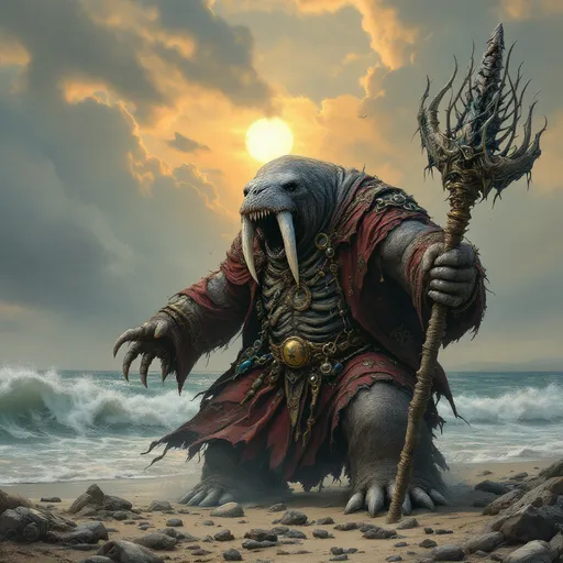 Prompt: dungeons and dragons style hero - Anthropomorphic Walrus necromancer wizard, summoning up the undead bones of dead fish and whales from the very sea to attack soldiers on the beach