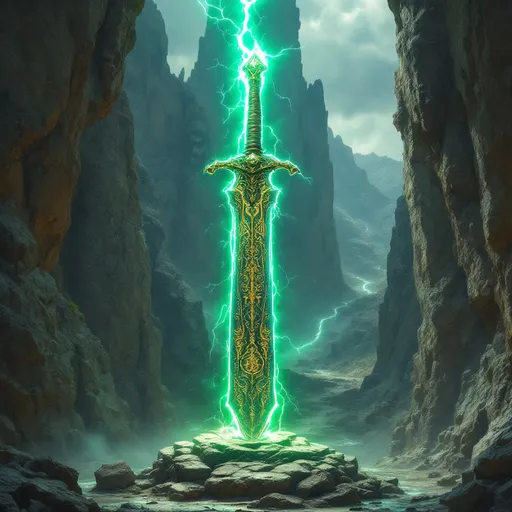 Prompt: A magnificent ancient sword stands upright, seemingly emerging from uncut marbled stone, its blade surging with electric green lightning kissing and striking down its length, illuminating intricate golden hand carved engravings along the blade. The hilt, adorned with ornate details and a woven leather textured grip, displays the remnants of rust and decay, suggesting the age of the ancient and powerful weapon. the swords placement rising from the stone is on a cliffs edge overlooking a valley between three ancient mountains carved with the visage of old dwarven kings... the valley a testament to the might of long dead armies and the power of magic that once sang in the hollows between the stones.  