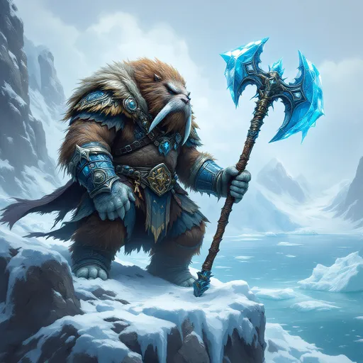 Prompt: dungeons and dragons style Anthropomorphic Walrus Paladin, with a great axe made of ice, standing on a cliff over a glacier filled ocean

