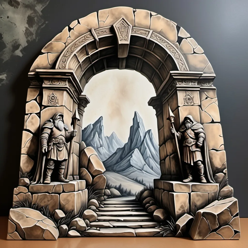 Prompt: aged and cracked canvas hand painted with wet ink dye to show a mountain side carved into a great entry arch in dwarven stone and statues standing at vigil to guard the ancient entryway