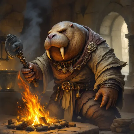 Prompt: dungeons and dragons style Anthropomorphic Walrus cleric and hearth tender, stoking a great fire to warm those resting in medical beds. 

