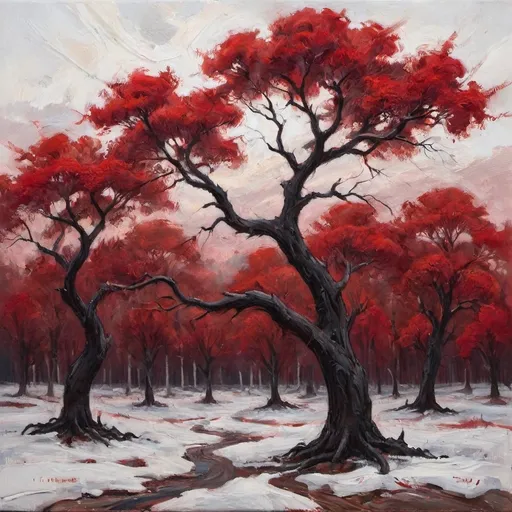 Prompt: Dark, gnarled branches stretch across a stark, predominantly white background, their silhouette set ablaze in vibrant red. The twists and turns of the trees create a sense of movement, as if they are swaying in a strong wind. The contrast between the fiery red hues and the muted white space above evokes an unsettling yet captivating atmosphere. This striking visual composition suggests a narrative of struggle or transformation, with the trees almost reaching out from the dark foreground into the bright expanse above, embodying both chaos and beauty in their entangled forms.